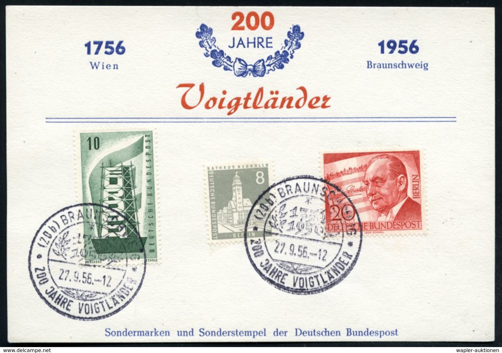 (20b) BRAUNSCHWEIG/ 1756/ 1956/ 200 JAHRE VOIGTLÄNDER 1956 (27.9.) SSt 2x Rs.auf Jubil.-Gedenkblatt: 200 Jahre Voigtländ - Photographie