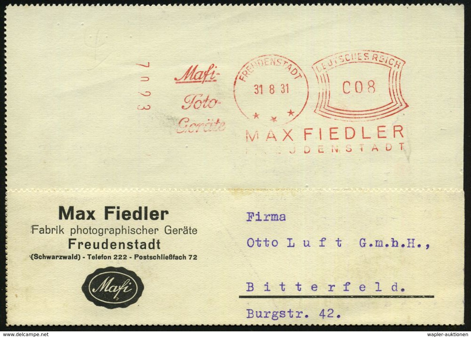 FREUDENSTADT/ ***/ Mafi/ Foto-/ Geräte/ MAX FIEDLER 1931 (31.8.) Seltener AFS "Komusina" Auf Firmen-Kt. Mit Firmen-Logo, - Photographie