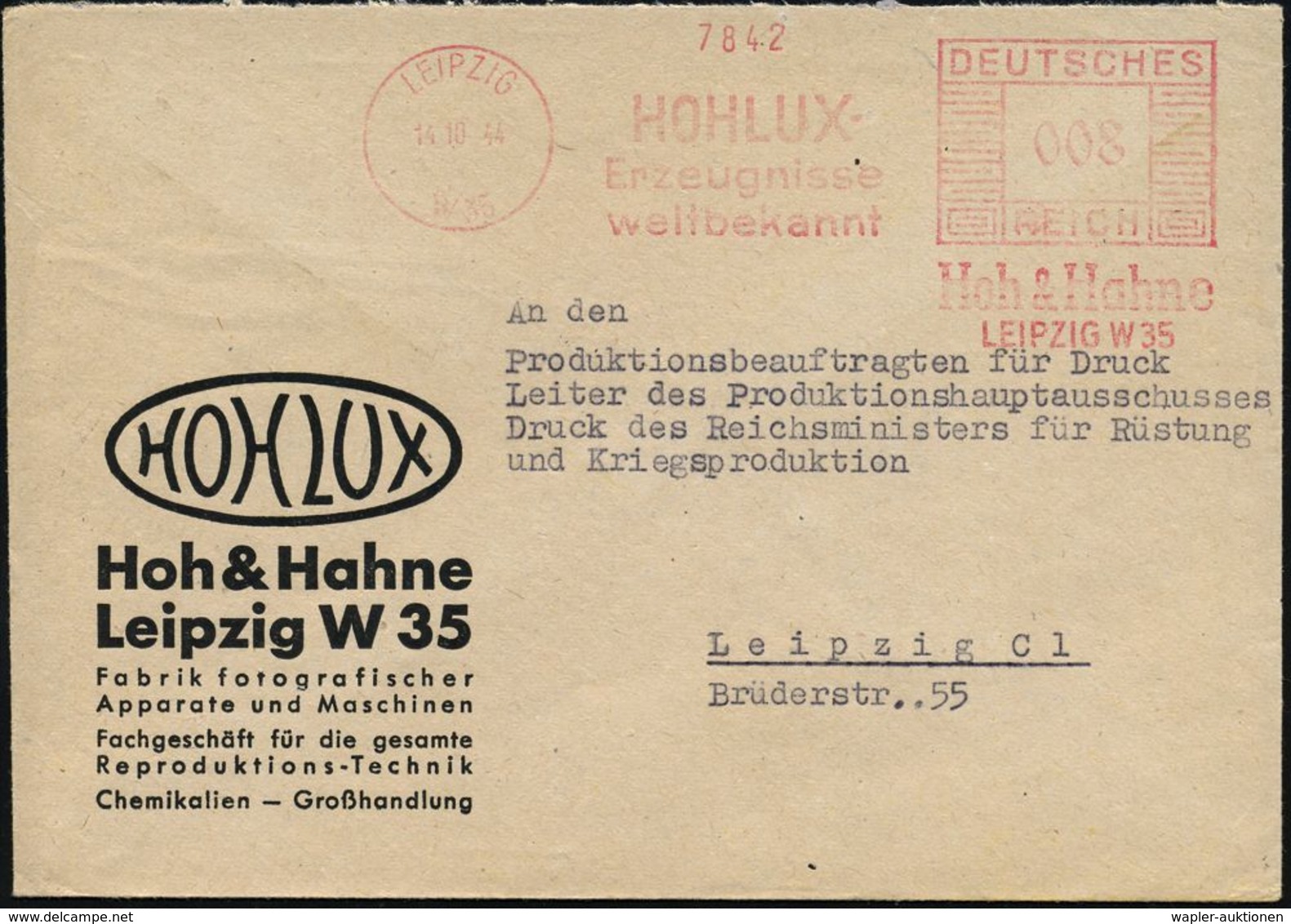 LEIPZIG/ W 35/ HOHLUX/ ..weltbekannt/ Hoh & Hahne 1944 (14.10.) Später AFS Auf Firmen-Bf.: HOHLUX..Fabrik Fotografischer - Photographie