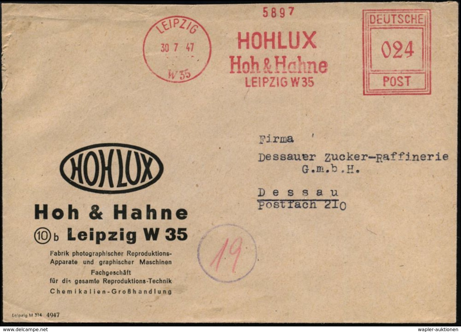 LEIPZIG/ W35/ HOHLUX/ Hoh & Hahne.. 1947 (30.7.) Seltener AFS-Typ "Hochrechteck" Auf Firmen-Bf.: HOHLUX/Hoh & Hahne..Fab - Photographie