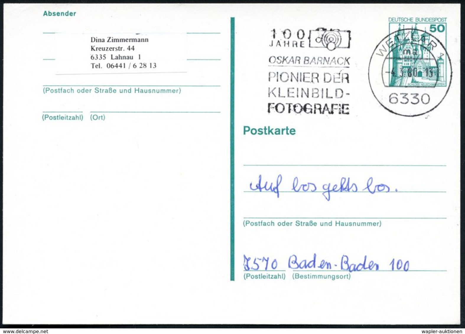 6330 WETZLAR 1/ Ma/ 100 JAHRE/ OSKAR BARNACK/ PIONIER DER/ KLEINBILD-/ FOROGRAFIE 1980 (7.1.) MWSt = Kleinbild-Kamera, E - Photographie