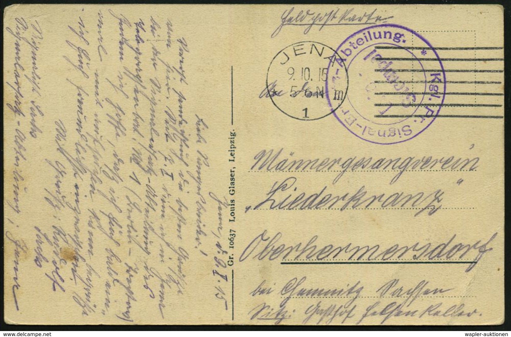 JENA/ *1m 1915 (9.10.) MaStrichSt. + Viol. 2K-HdN: Kgl. Pr.  S I G N A L - Ersatz-Abteilung + Hs. Abs.: "Signalist.. Sig - Photographie