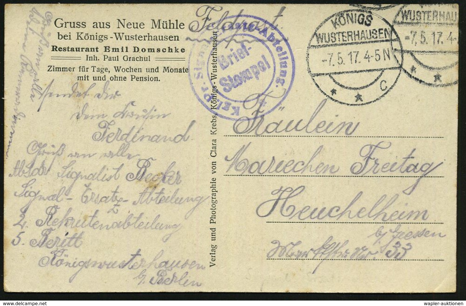 KÖNIGS/ WUSTERHAUSEN/ **c 1917 (7.5.) 1K-Steg-Segm. + Viol. 2K-HdN: Kgl. Pr.  S I G N A L - Ersatz-Abteilung , S/w.-Feld - Fotografía