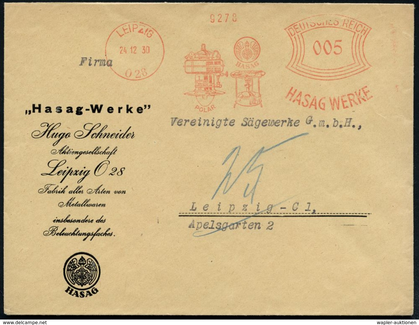 LEIPZIG/ O 28/ POLAR/ HASAG/ HASAG WERKE 1930 (24.12.) Dekorat. AFS = Petroleum-Lampe (u. Bunsen-Gaskocher, Logo) Reklam - Fotografía