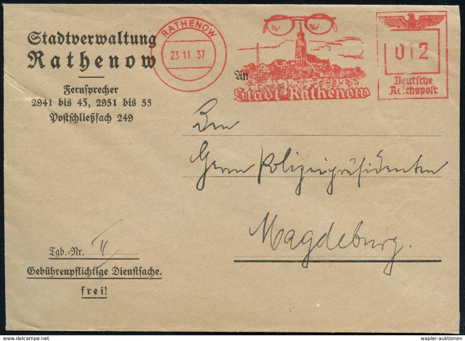 RATHENOW/ Stadt Rathenow 1937 (23.11.) AFS = Randlose Brille (über Stadtbild Mit Dom) Klar Gest. Kommunal-Bf: Stadtverwa - Photographie