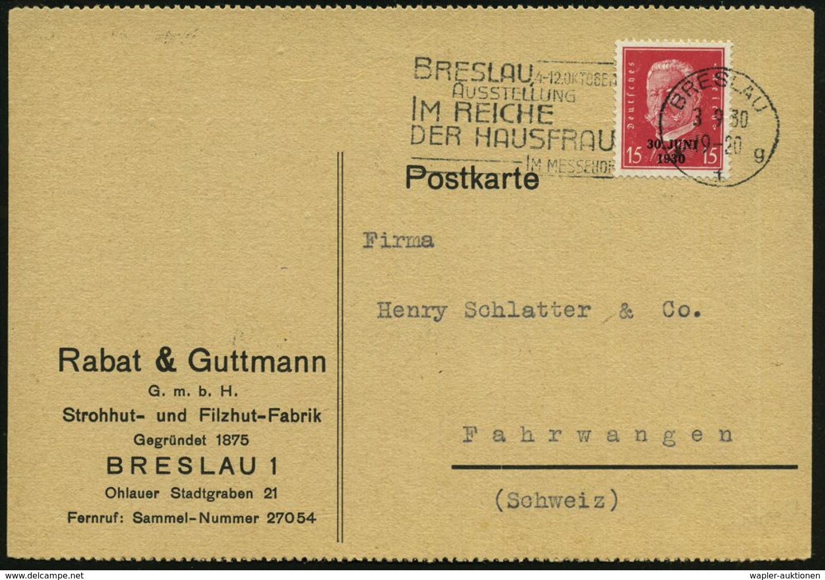 BRESLAU/ *1g/ ..AUSSTELLUNG/ IM REICHE/ DER HAUSFRAU/ IM MESSEHOF 1930 (3.9.) MWSt Auf Firmen-Kt.: Rabat & Guttmann.. St - Ohne Zuordnung