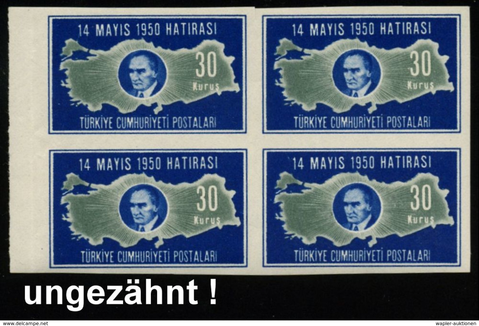 TÜRKEI 1950 "Parlaments-Wahlen" = Frauen-Wahlrecht, Atatürk,  U N G E Z.  4er-Block-Satz , Postfr., Sehr Selten!  (Mi.12 - Non Classificati
