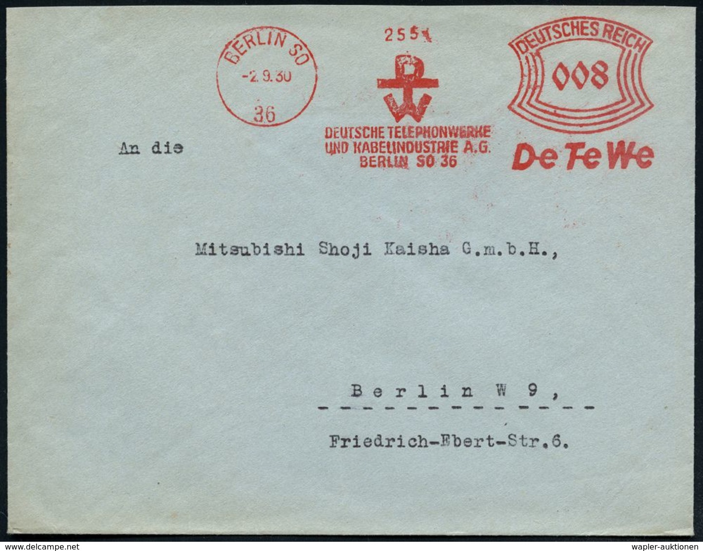 BERLIN SO/ 36/ DEUTSCHE TELEPHONWERKE/ U.KABELINDUSTRIE AG/ DeTeWe 1930 (31.12) AFS (Monogr.-Logo) Orts-Bf. (Dü.E-1BAh)  - Sin Clasificación