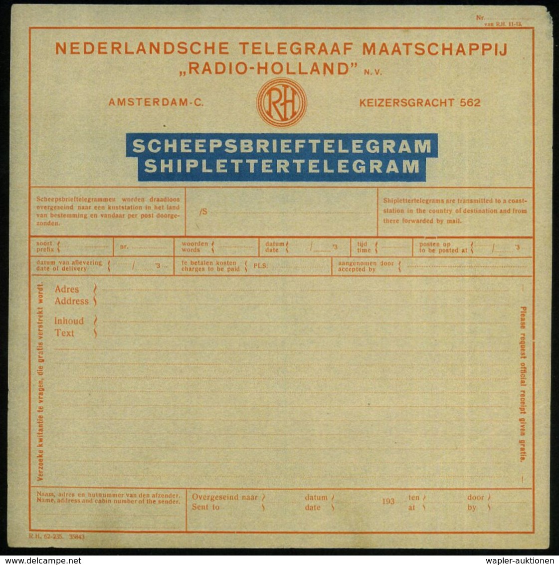 NIEDERLANDE 1930 Radio-Telegramm-Formular "RADIO-HOLLAND" N.V. SCHEEPSBRIEFTELEGRAMM / SHIPLETTERTELEGRAM (kl. Mäng.) Un - Non Classés