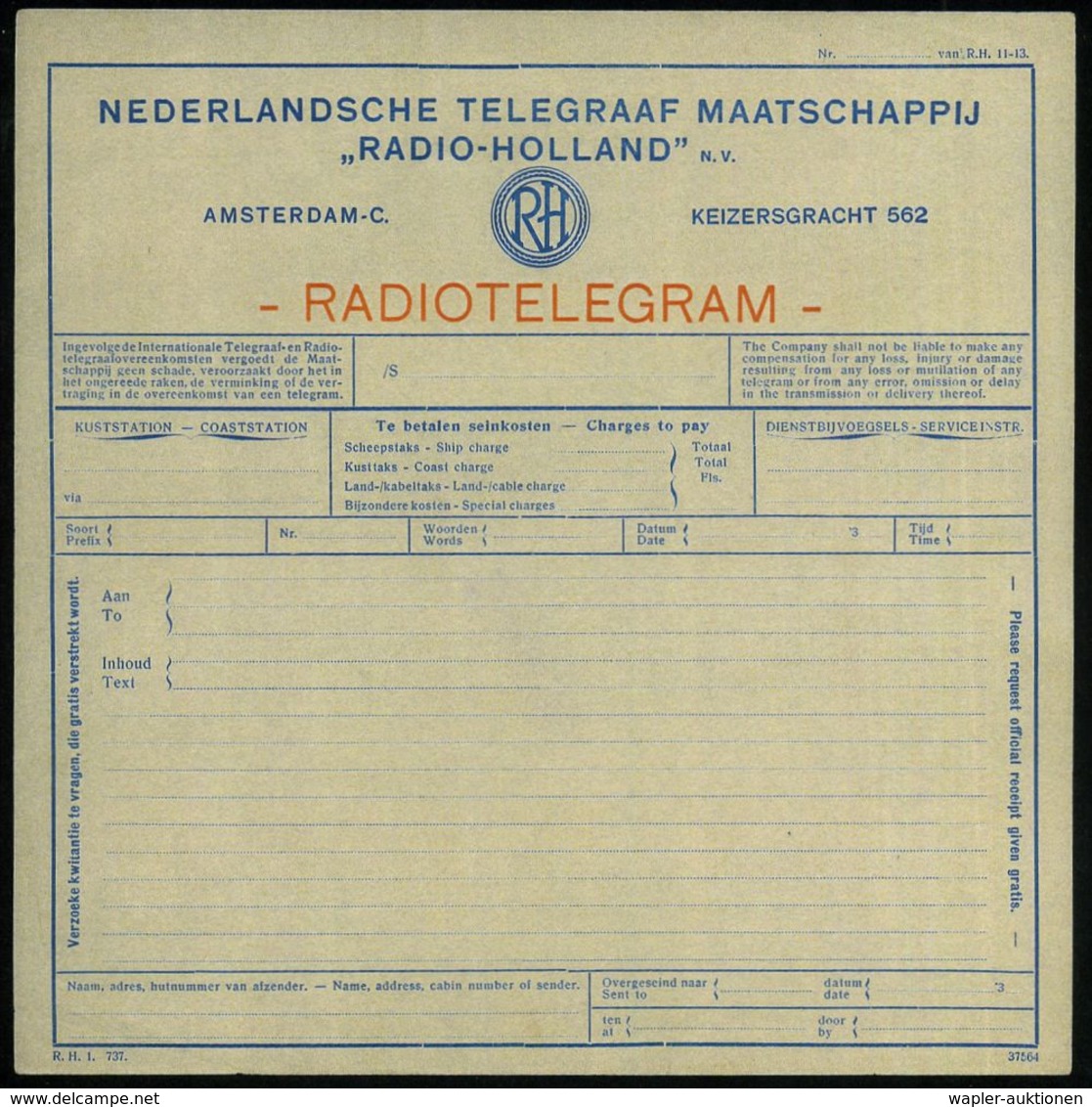 NIEDERLANDE 1937 Radio-Telgramm-Formular: "RADIO-HOLLAND" N.V. - RADIOTELEGRAM - (kl. Eckbugspuren) Ungebr. (Form: R.H.  - Ohne Zuordnung