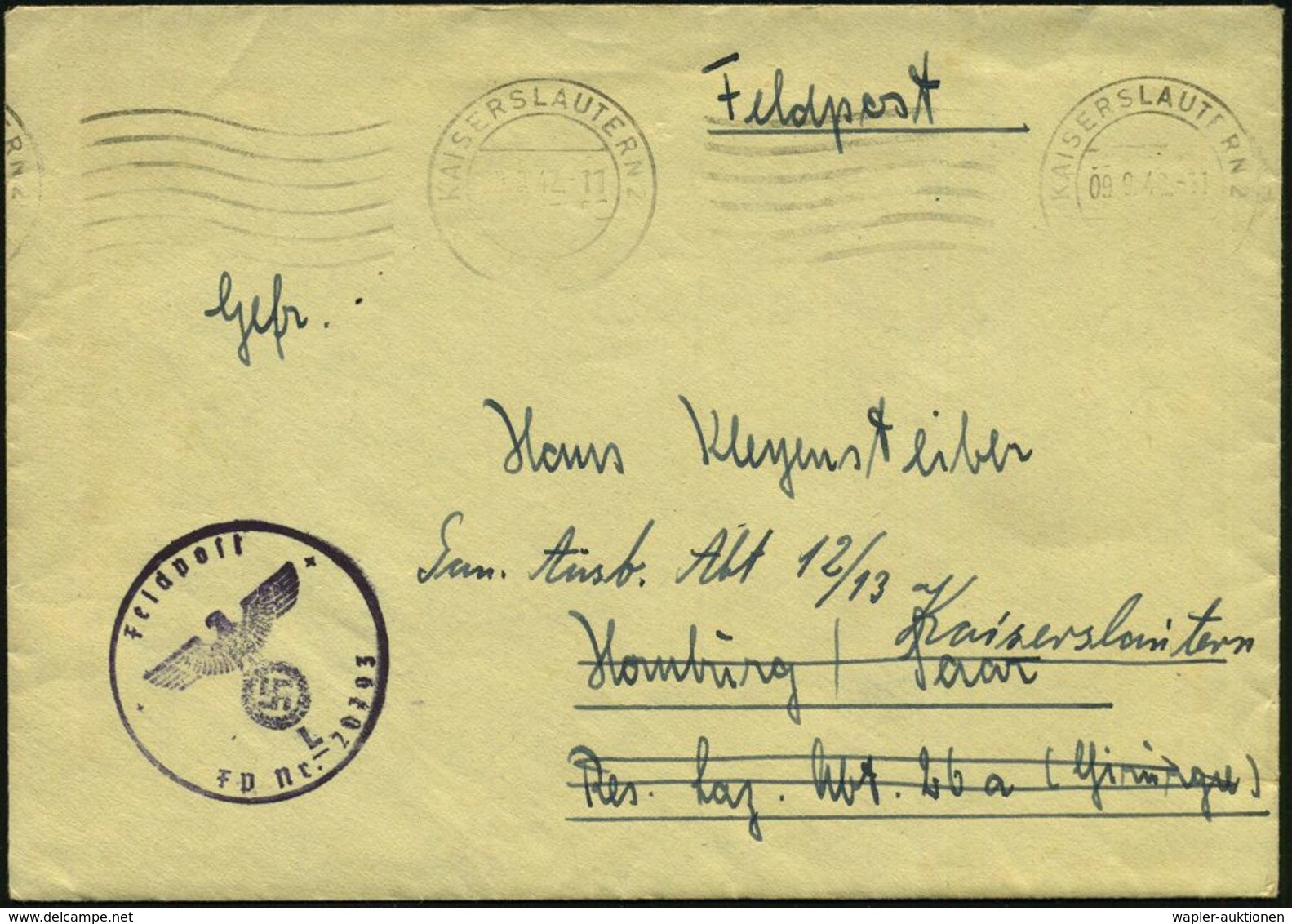 KAISERSLAUTERN 2 1942 (9.9.) Bd.MaWellenSt + Viiol. 1K-HdN: Feldpost/FP Nr.L 20793 = 9. Komp. Luftgau Nachrichten Rgt. 1 - Non Classificati