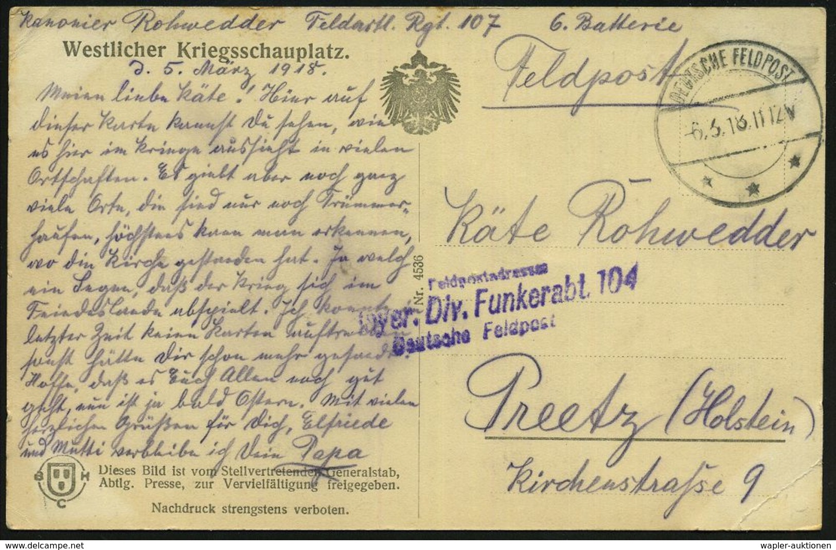 DEUTSCHES REICH 1918 (6.3.) 1K-Brücke: DEUTSCHE FELDPOST/*** = Tarnstempel + Viol. 3L: ... Bayer. Div. Funkerabt. 104..  - Non Classés