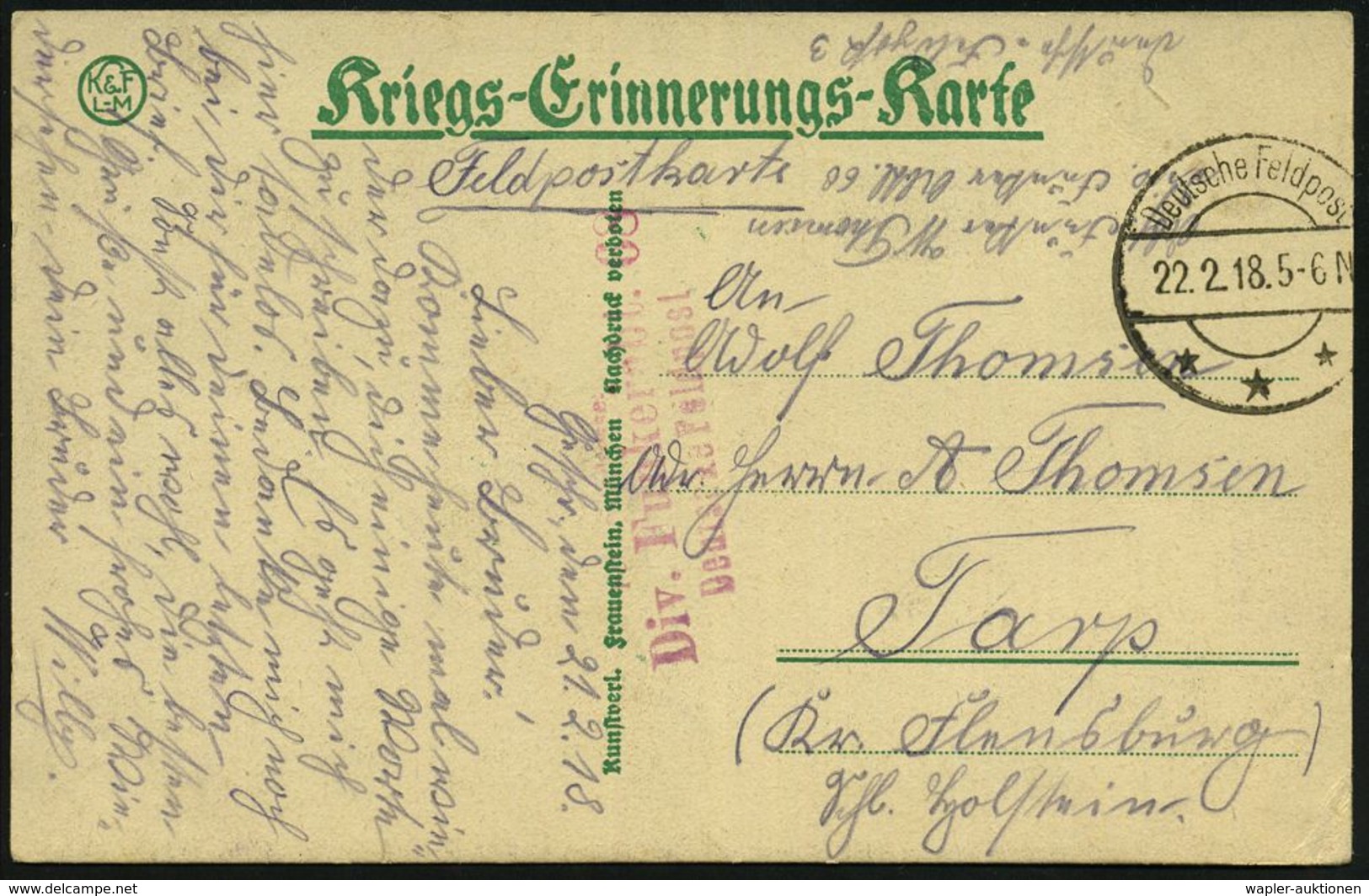 DT.BES.BELGIEN 1918 (22.2.) 1K-Brücke: Deutsche Feldpost/*** = Tarnstempel (rechts Gering Nicht Voll) + Viol. 3L: ..Div. - Non Classés