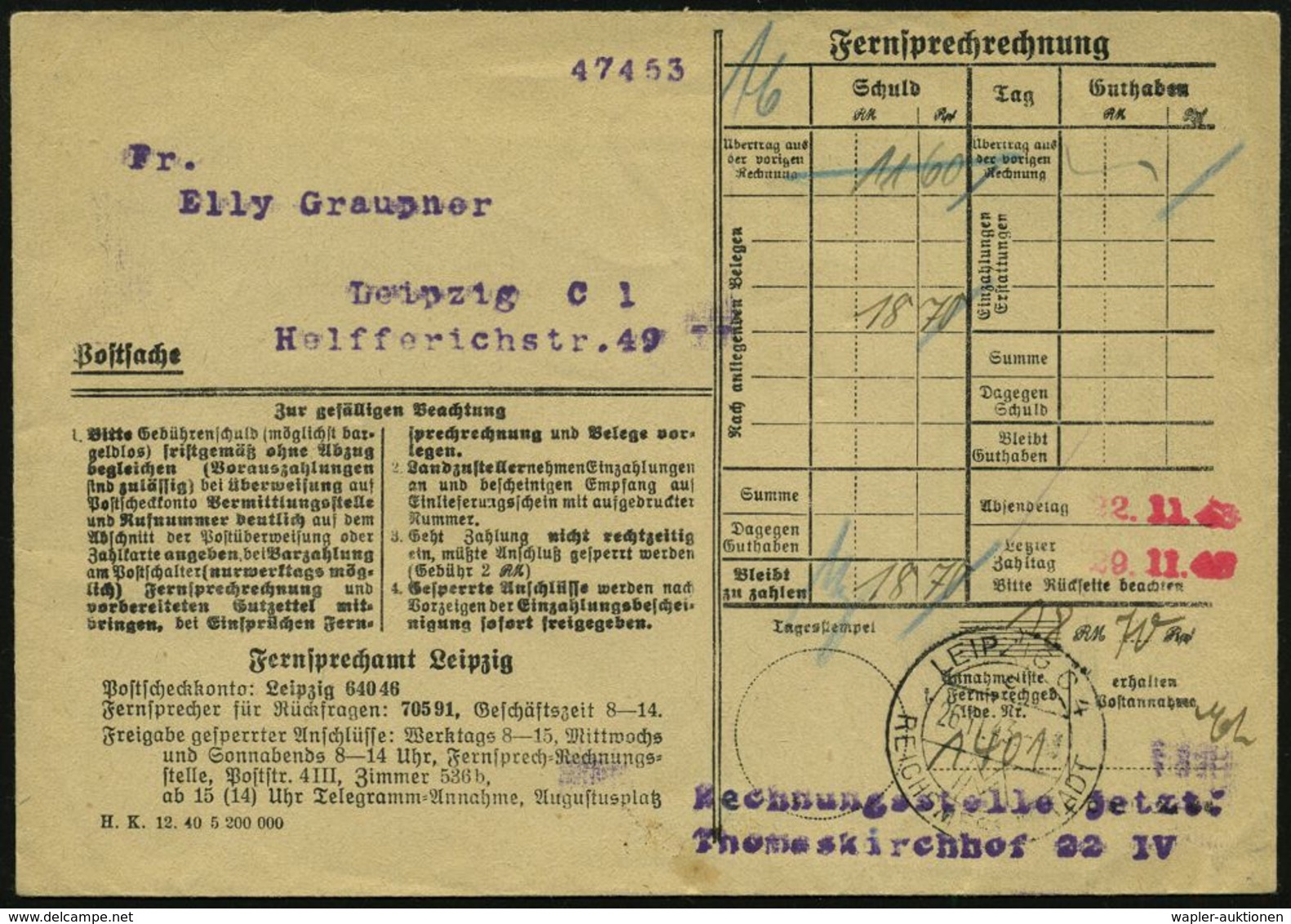 LEIPZIG C4/ C/ MM/ REICHSMESSESTADT 1943 (26.11.) HWSt Auf Portofreiem Dienst-Bf.: Fernsprechrechnung, Postsache , Vs. G - Non Classés