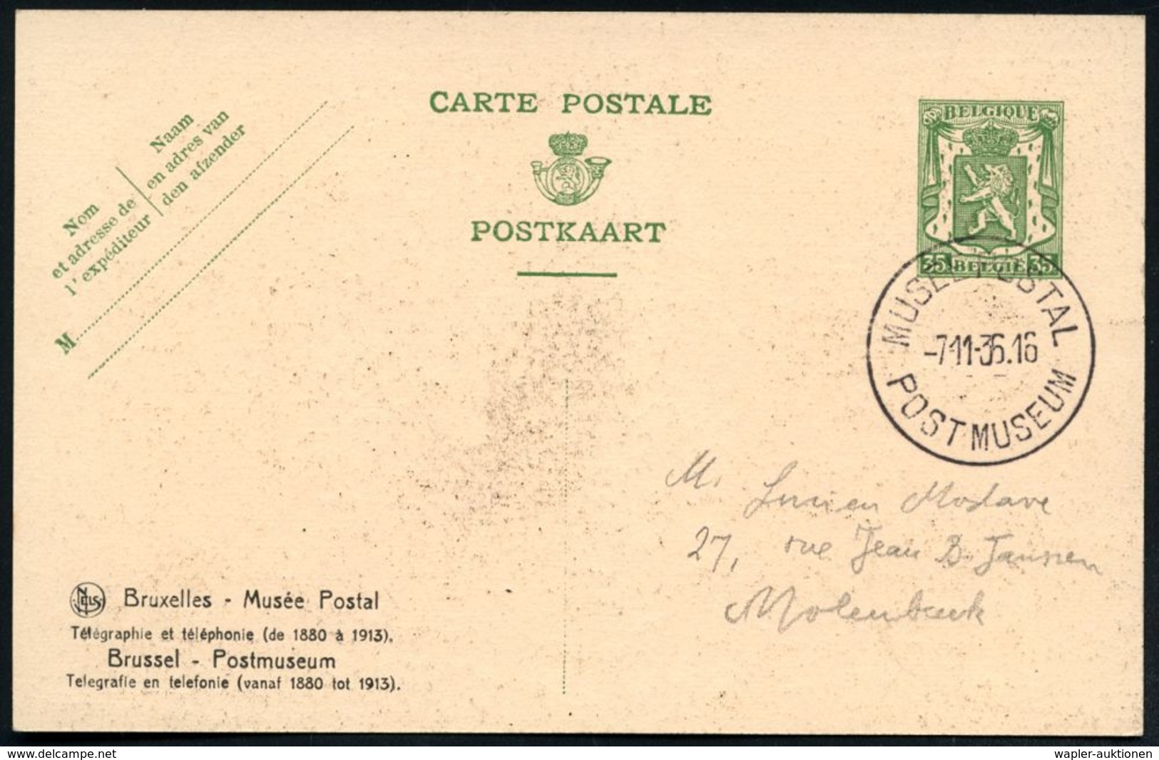 BELGIEN 1936 (7.11.) 35 C. BiP Wappenlöwe, Grün: Brussel Postmuseum = Telefon- U. Telegrafen-Saal (div. Apparate) 1K: MU - Non Classés