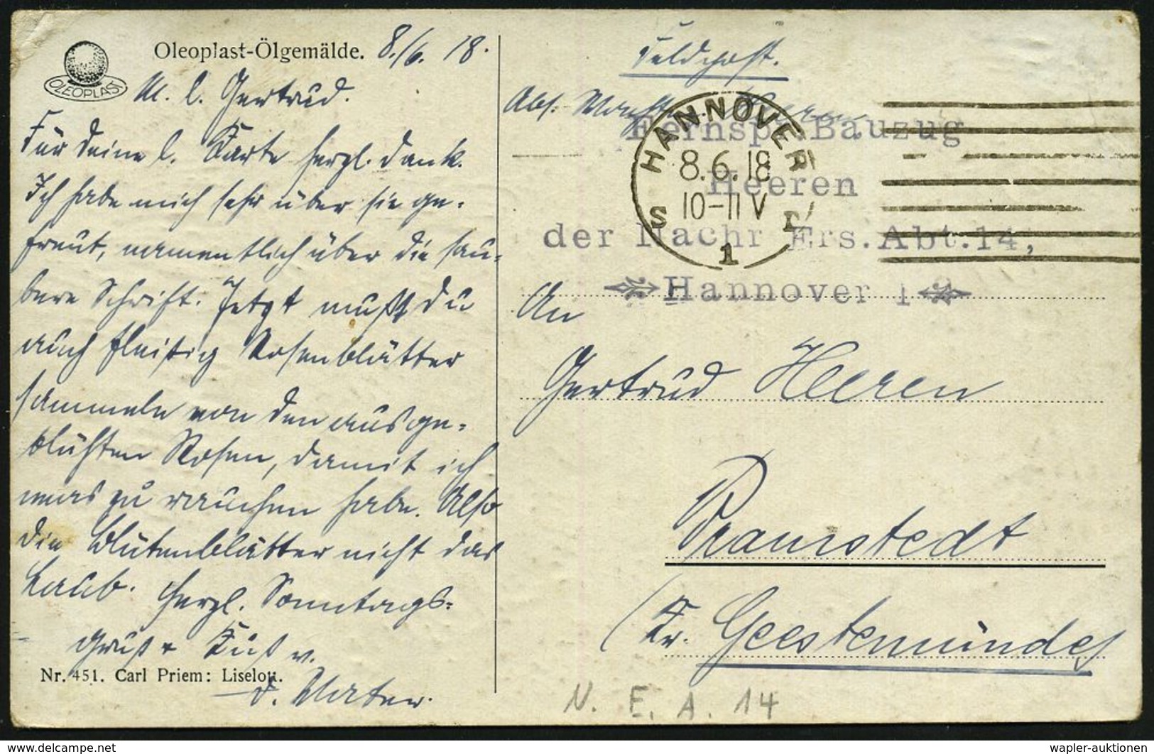 HANNOVER/ S1r 1918 (8.6.) MaStrichSt. + Schw. 4L: Fernspr. Bauzug/Heeren/der Nachr. Ers. Abt. 14,/Hannover 1 (mit Zierst - Ohne Zuordnung