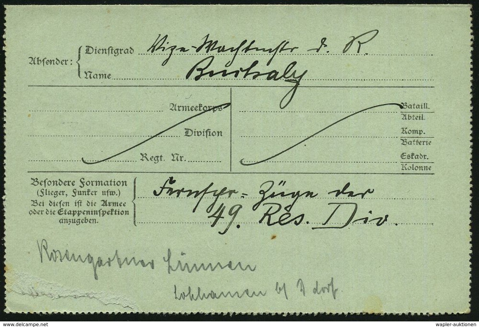 DEUTSCHES REICH 1916 (10.9.) 1K-Brücke: K. D. Feldpostexped./b/der 49. Reserve-Div. (Nr.1255) + Viol. Ra.2: .. Res. Fern - Sin Clasificación