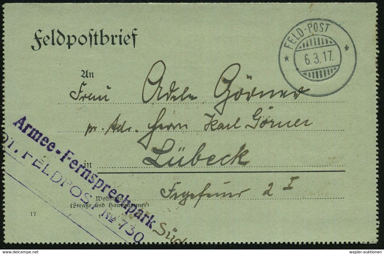 DEUTSCHES REICH 1917 (6.3.) Aptierter, Bayer. 2K-Gitter: FELD-POST/** = Tarnstempel + Viol. 2L: Armee-Fernsprechpark Süd - Non Classés