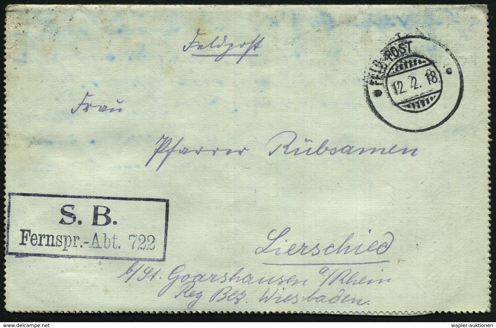 DEUTSCHES REICH 1918 (12.2.) Aptierter, Bayer. 2K-Gitter: FELDPOST/°° = Tarnstempel + Blauschw. Ra.2: ..Fernspr.(ech)- A - Non Classés