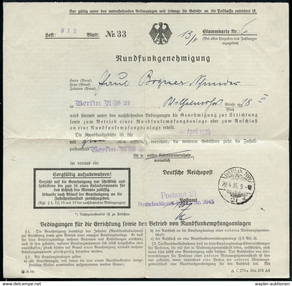 BERLIN NW/ *21a 1935 (20.4.) 1K-Gitter + Viol. 2L: Postamt 21.. + 1L: Berlin NW 21 Auf (gefaltetem) Formblatt: Rundfunkg - Non Classés