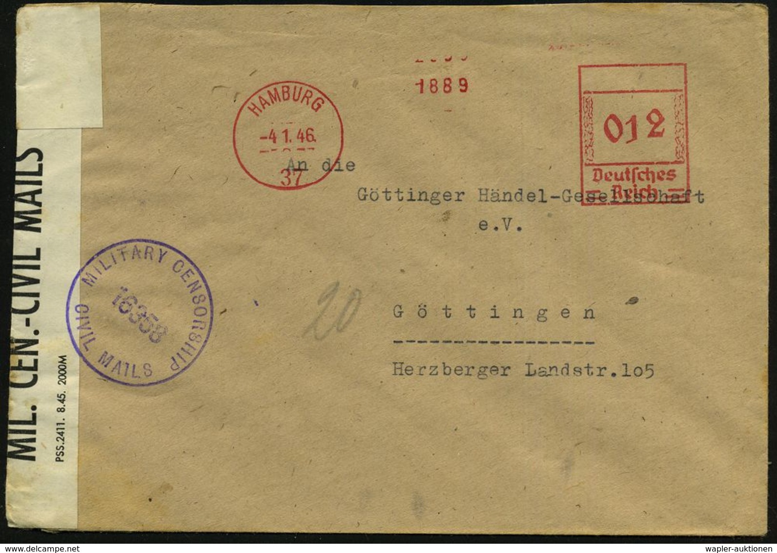 HAMBURG/ 37 1946 (4.1.) Aptierter AFS Ohne Abs.-Klischee = Hakenkreuz U. Text Entfernt + Viol. Zensur-1K: MILITARY CENSO - Non Classés