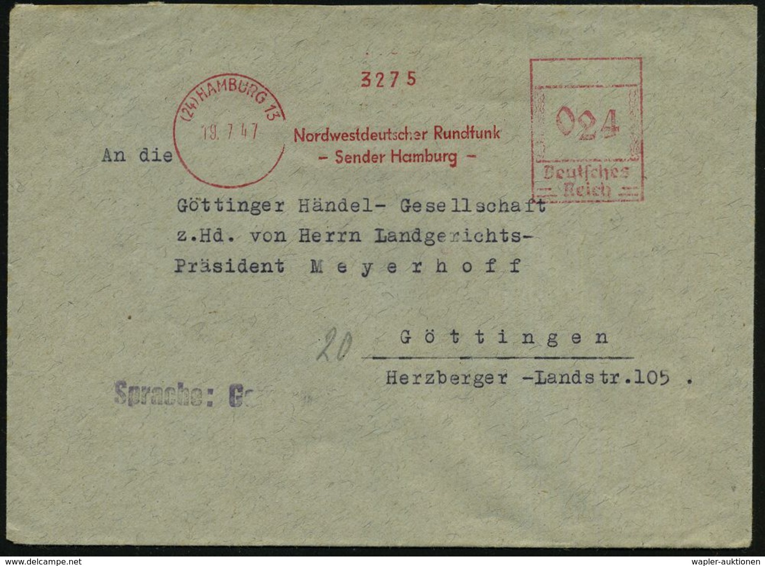 (24) HAMBURG 13/ Nordwestdeutscher Rundfunk/ Sender Hamburg 1947 (19.7.) Aptierter AFS = Hakenkreuz Entfernt + Rs. Abs.- - Non Classés