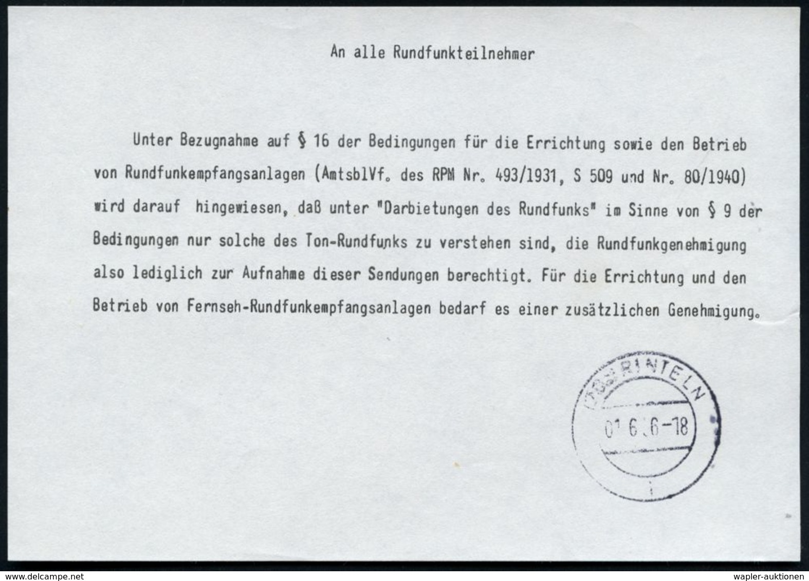 (20a) RINTELN/ I 1956 (1.6.) 2K-Steg Auf Postwurfsendung "An Alle Rundfunkteilnehmer" über Fernseh- U. Rundfunkempfangsa - Sin Clasificación