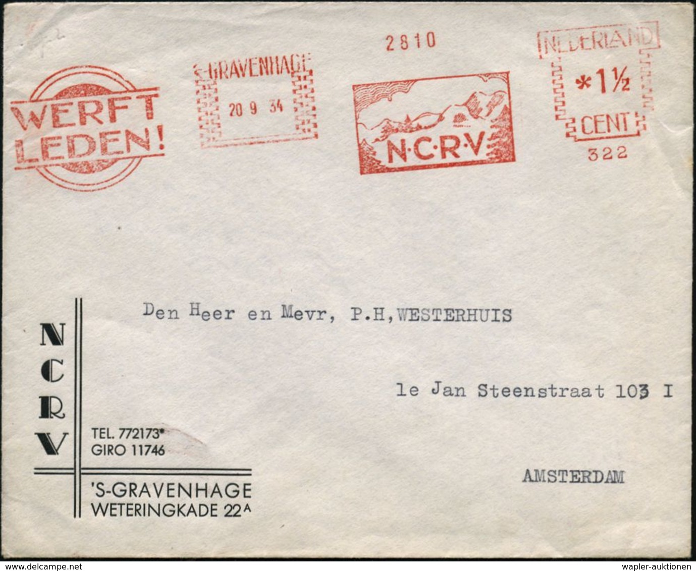 NIEDERLANDE 1934 (20.9.) AFS.: 's-GRAVENHAGE/322/N-C-R-V/WERFT/LEDEN! (Berglandschaft M.Tannen) Dienst-Bf.: N C R V = Ni - Non Classés