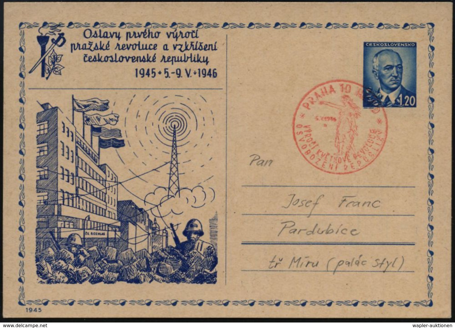 TSCHECHOSLOWAKEI 1946 (5.5.) PP 1,20 Kc. Benesch, Blau: Jahrestag Der Befreiung, Radio-Sender Prag (Barrikade 1945, Flag - Non Classés