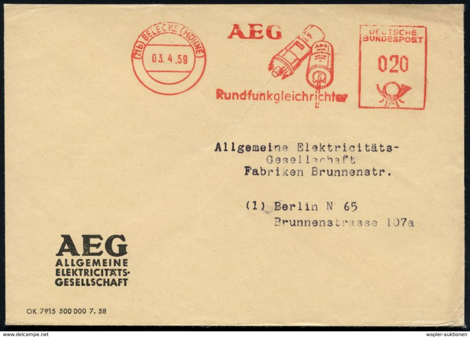 (21b) BELECKE (MÖHNE)/ AEG/ Rundfunkgleichrichter 1958 (3.4.) Dekorativer AFS = 2 AEG-Radio-Gleichrichter , AEG-Firmen.B - Non Classés