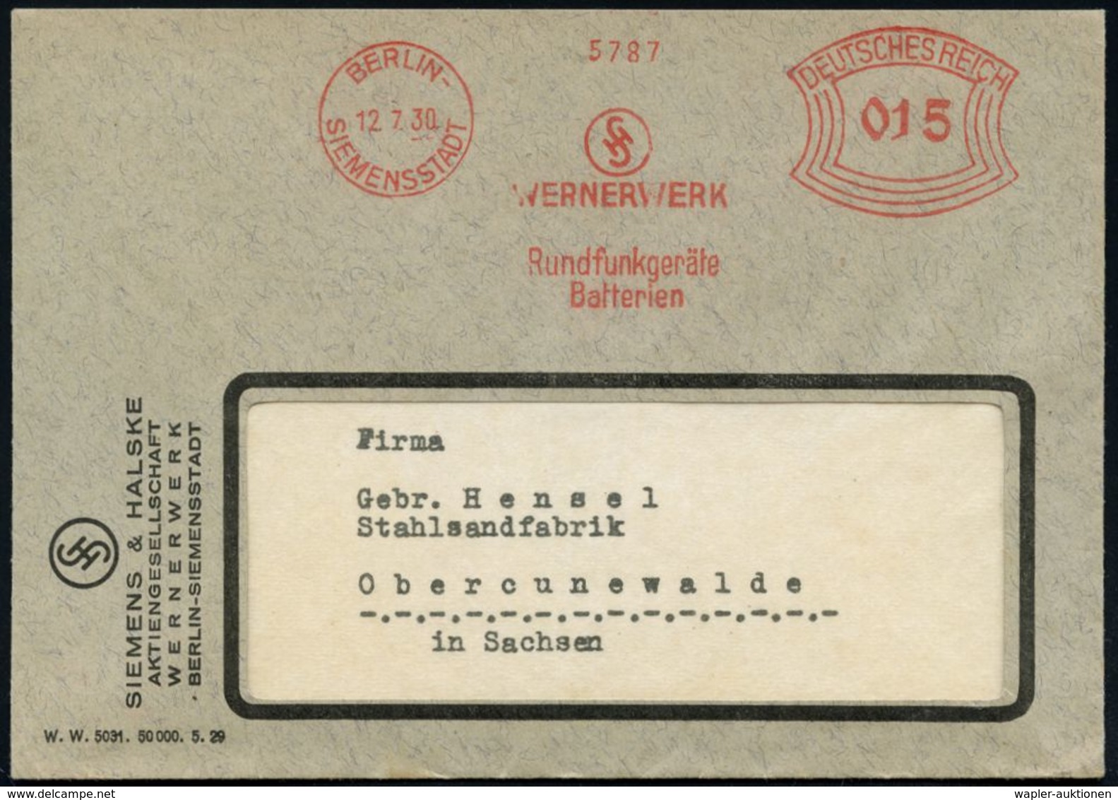 BERLIN-/ SIEMENSSTADT/ WERNERWERK/ Rundfunkgeräte/ Batterien 1930 (12.7.) AFS (Logo) Motivgleicher Firmen-Bf. (Dü.E-1BAh - Sin Clasificación