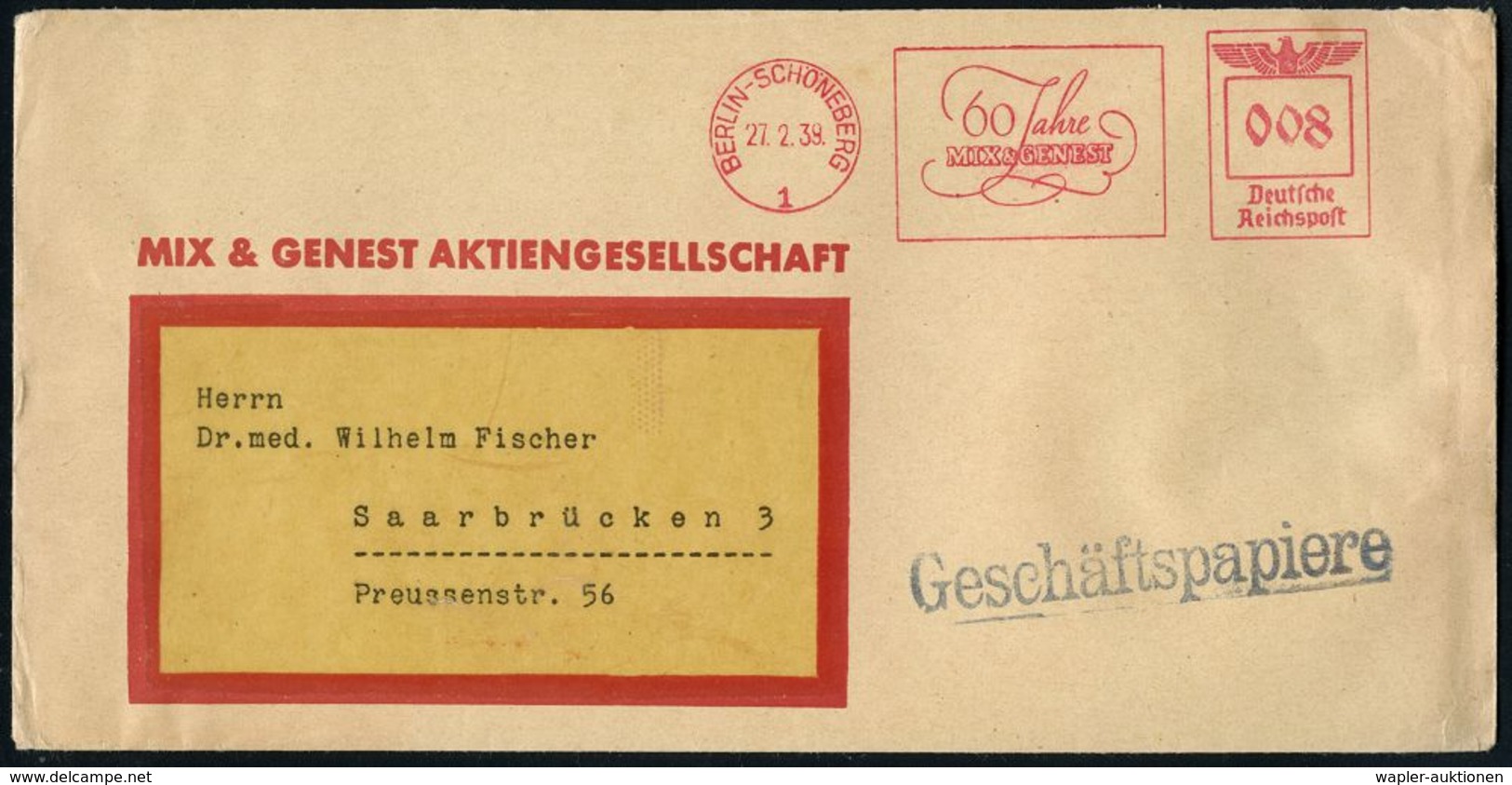 BERLIN-SCHÖNEBERG/ 1/ 60 Jahre/ MIX & GENEST 1939 (27.2.) Seltener Jubil.-AFS Auf Firmen-Bf.: MIX & GENEST AG. = Herstel - Non Classés