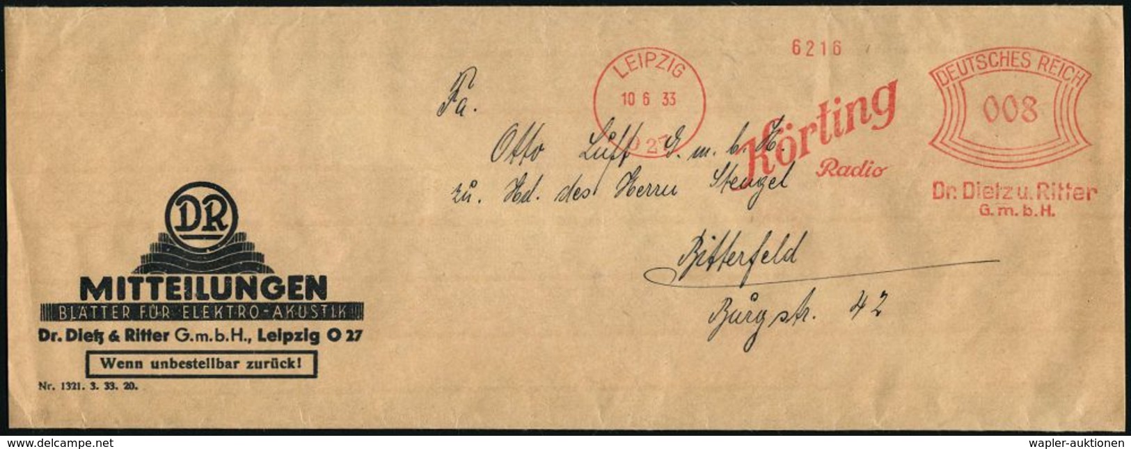 LEIPZIG/ O27/ Körting/ Radio/ Dr.Dietz U.Ritter/ GmbH 1933 (10.6.) AFS 008 Pf. Auf Zeitungs-Sb: DR MITTEILUNGEN/ BLÄTTER - Non Classés