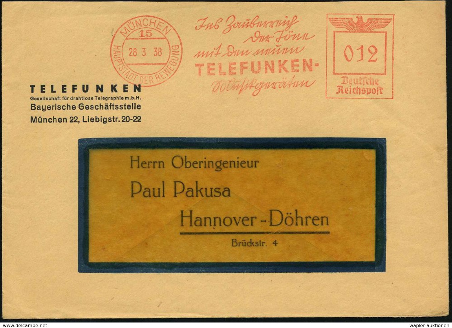 MÜNCHEN/ 22/ HDB/ Ins Zauberreich/ D.Töne/ Mit D.neuen/ TELEFUNKEN/ Musikgeräten 1938 (28.3.) AFS, Teils Sütterlin , Fir - Ohne Zuordnung