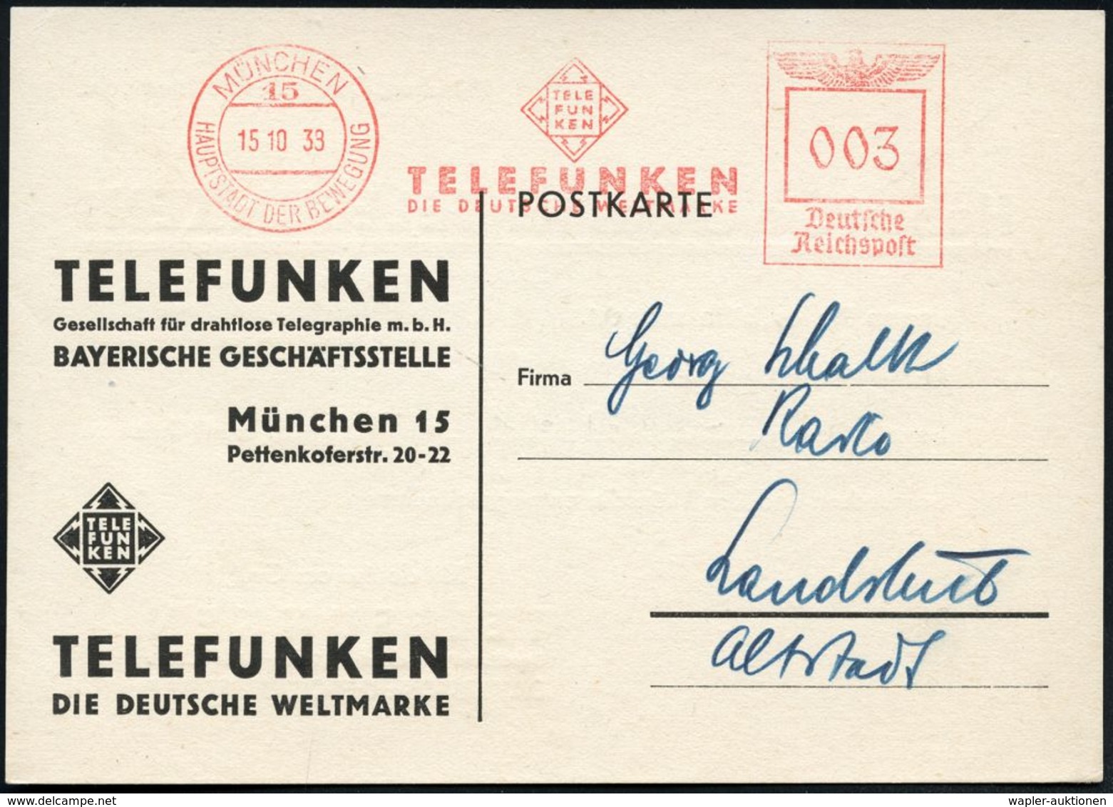 MÜNCHEN/ 15/ HDB/ TELEFUNKEN/ DIE DEUTSCHE WELTMARKE 1938 (15.10.) AFS (Blitz-Logo) Motivgleiche Firmenkarte, Hersteller - Non Classés