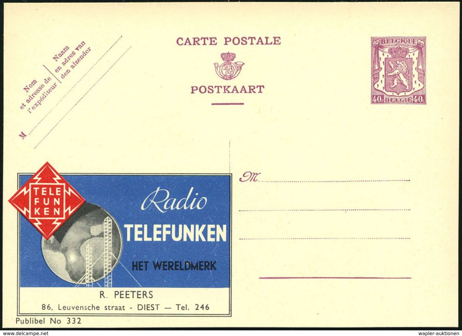 BELGIEN 1938 40 C. Reklame-P Löwe, Braunlila: Radio TELEFUNKEN/HET WERELDMERK.. R. PEETERS..DIEST (= Telefunken-Blitz-Lo - Ohne Zuordnung