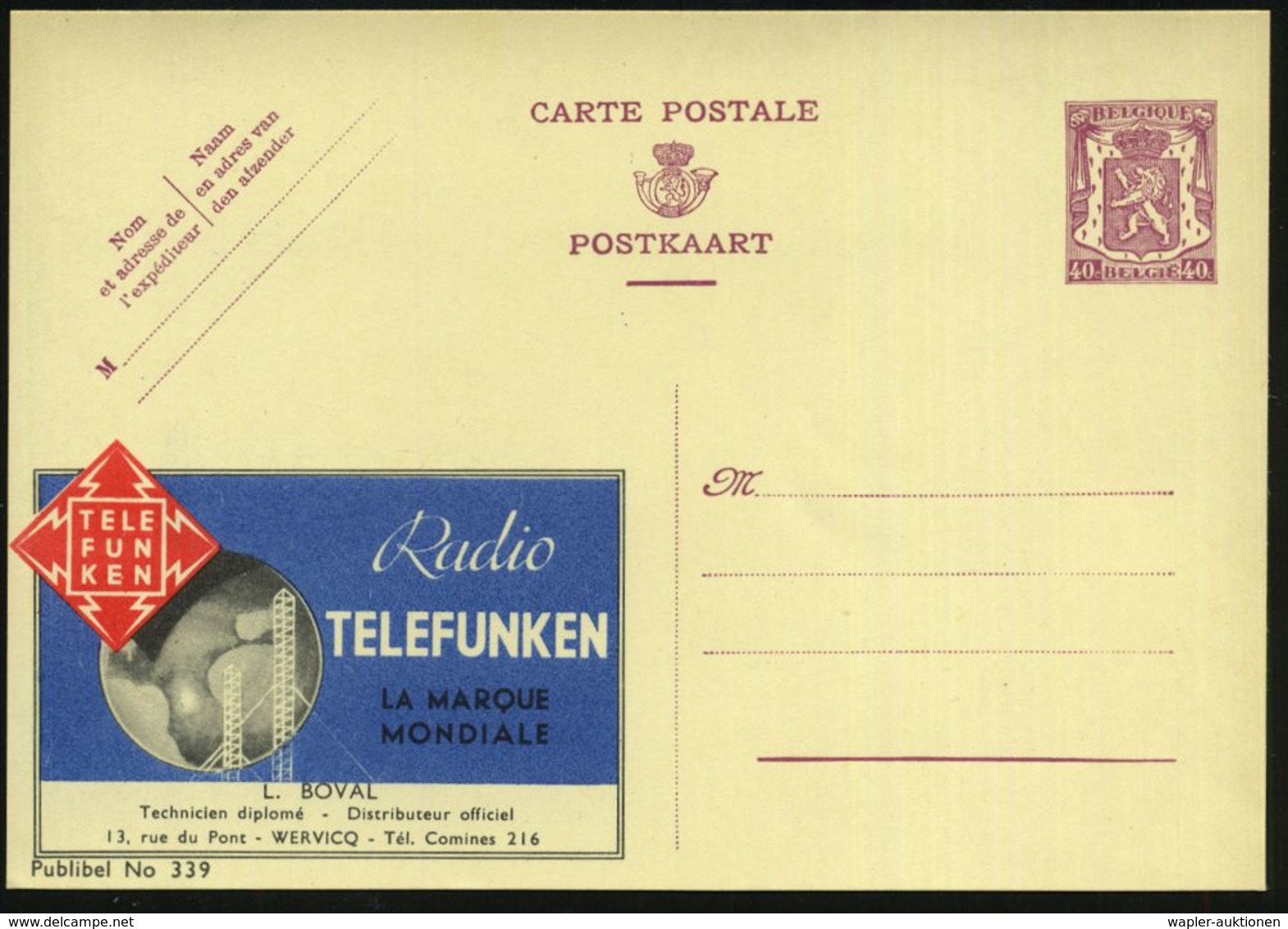 BELGIEN 1938 40 C. Reklame-P Löwe, Br.lila: Radio TELEFUNKEN/HET WERELDMERK.. L. BOVAL.. WERVICQ (= Telefunken-Blitz-Log - Sin Clasificación