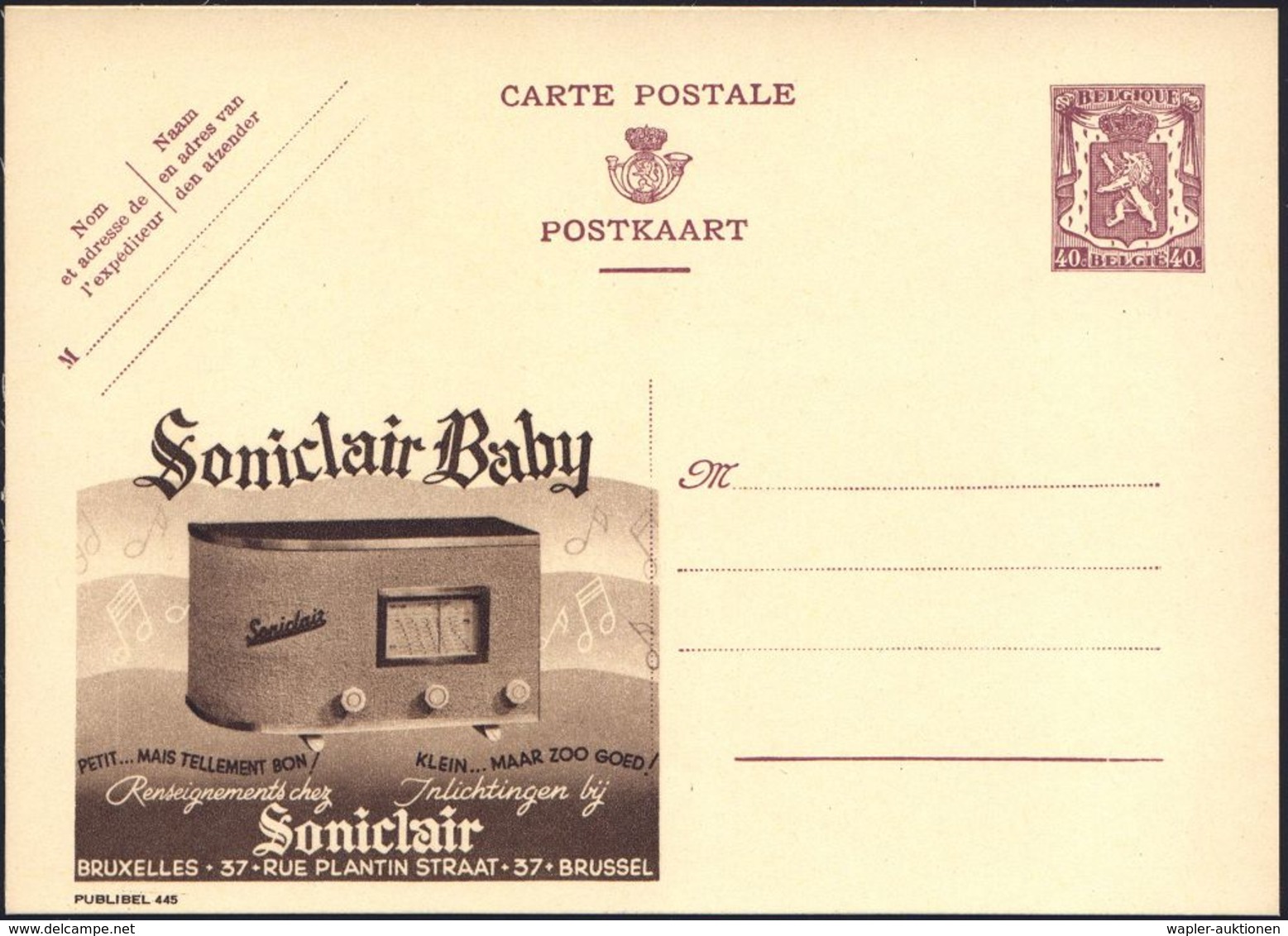 BELGIEN 1938 40 C. Reklame-P. Wappenlöwe, Viol.: Soniclair Baby.. = Klein-Radio (u. Noten) Ungebr. (Mi.P 202  I / 445) - - Non Classés