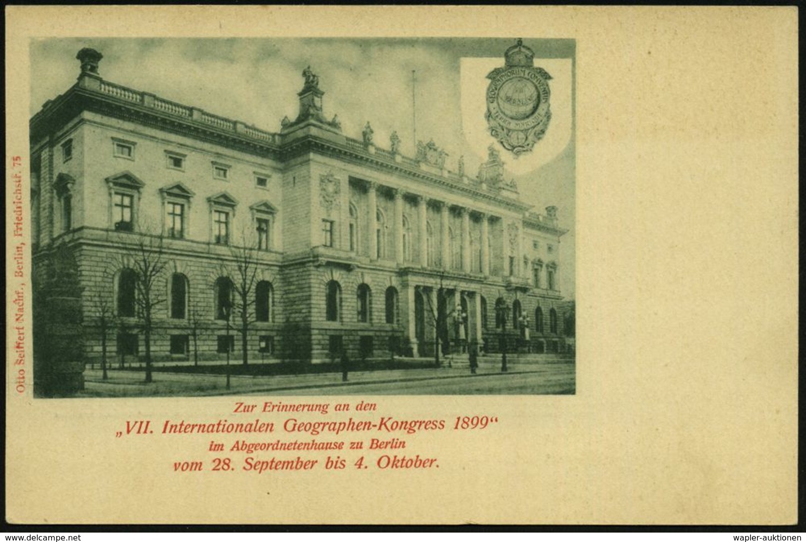 Berlin 1899 PP 5 Pf. Krone, Grün: "VII. Internat. Geographen-Kongree 1899" Im Abgeordnetenhaus.. (Abgeordnetenhaus) Unge - Geografía