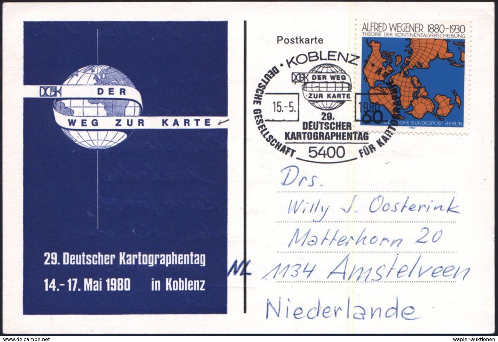 5400 KOBLENZ 1/ DER WEG/ ZUR KARTE/ 29.DEUTSCHER/ KARTOGRAPHENTAG 1980 (15.5.) SSt = Globus , EF 60 Pf. Wegener-Kontinen - Geografía