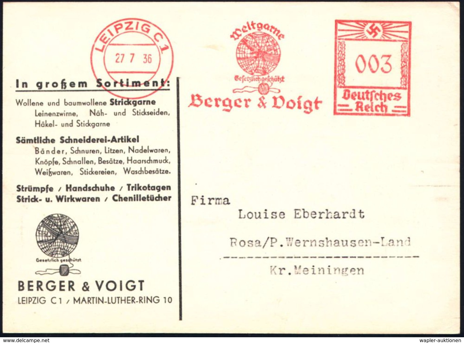 LEIPZIG C1/ Weltgarne/ ..berger & Voigt 1936 (27.7.) AFS = Globus (mit Garn Umwickelt, Garnrolle) Klar Gest., Motivgl. R - Géographie