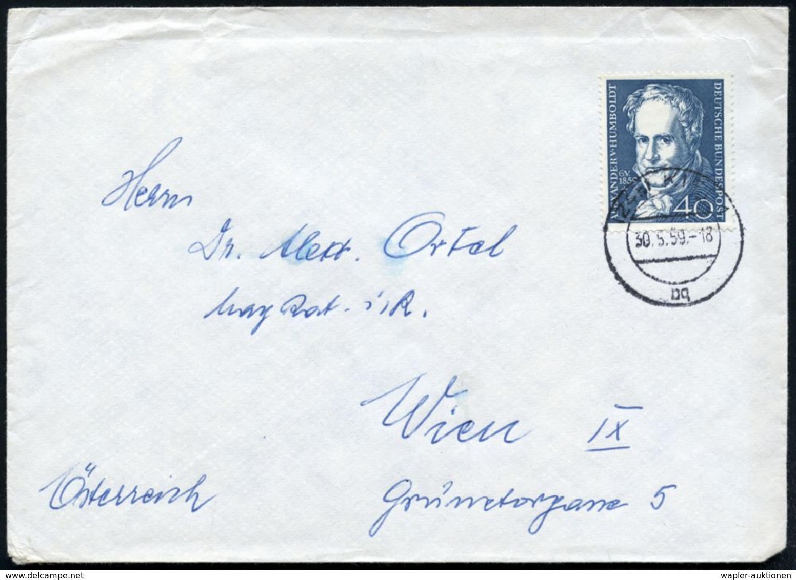 B.R.D. 1959 (30.5.) 40 Pf. Alexander V. Humboldt, EF , Klar Gest. (KIEL 1), Portorichtiger Ausl.-Bf. N.Wien  (Mi.309 EF) - Géographie