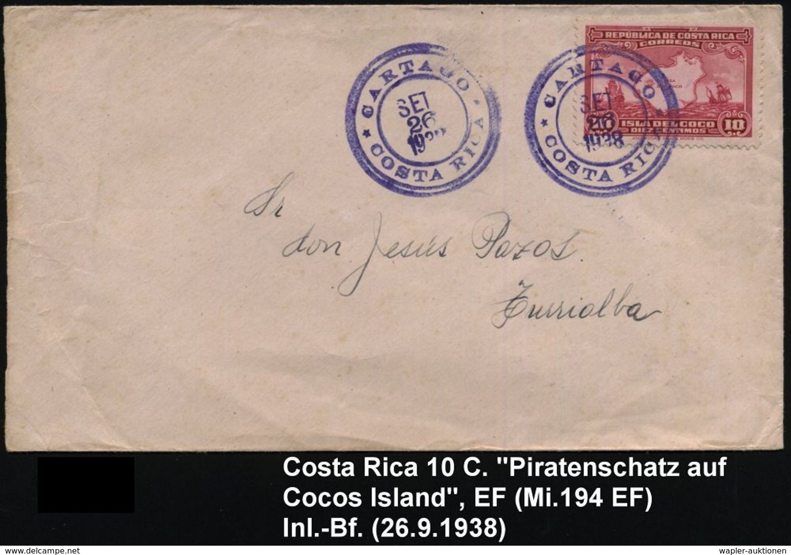 COSTA RICA 1938 (26.9.) 10 C. "Piratenschatz Auf Der Cocos-Insel", EF (Segelschiff, Landkarte) , Viol. 3K: CARTAGO/ COST - Géographie