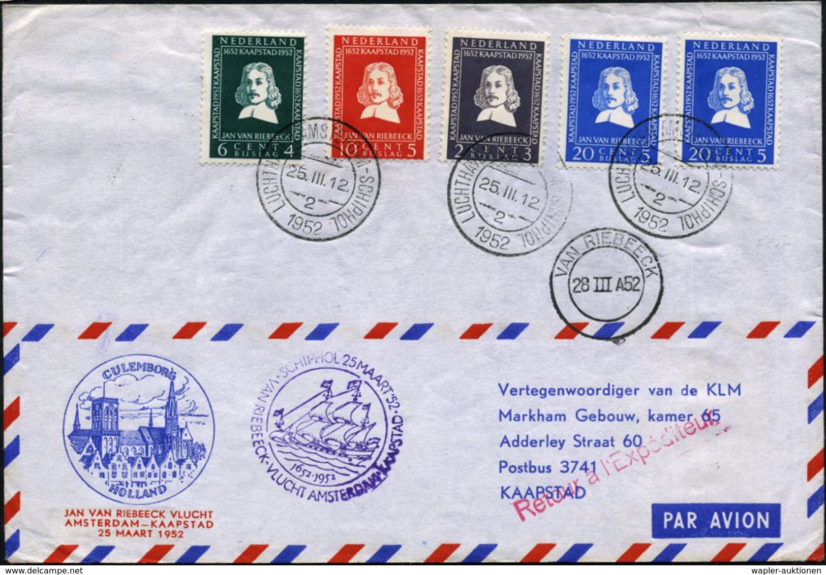 NIEDERLANDE /  SÜDAFRIKA 1952 (25.3.) Jan Van Riebeeck, überkpl. Satz (20 C. 2x) A. KLM-Sonderflug-SU (AS: VAN RIEBEECK) - Géographie