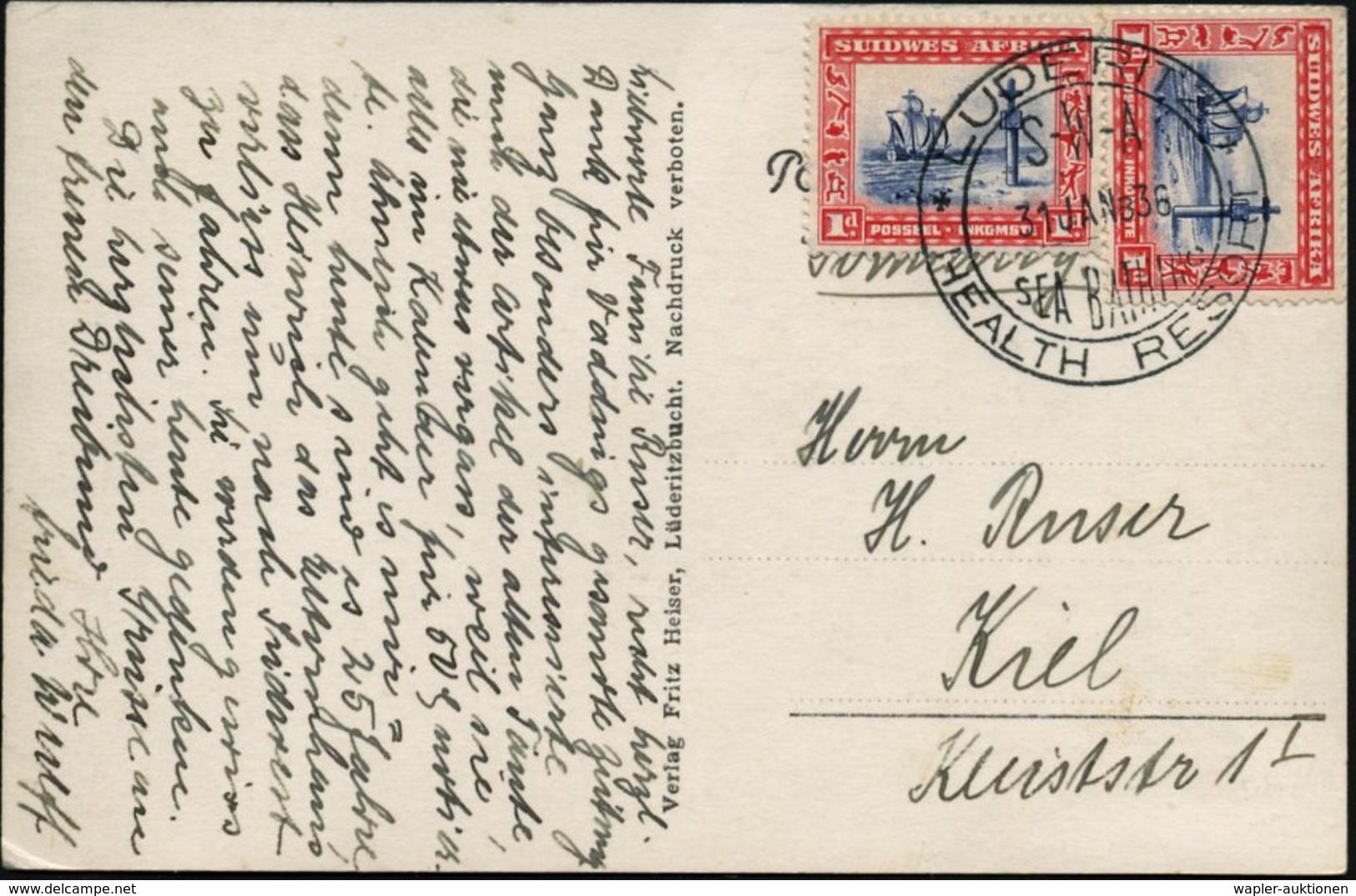 SÜDWESTAFRIKA 1936 (31.1.) 1 P. Portugies.Segler/Portugieser-Kreuz Kap Cross, MeF: 2 Stück (Afrikaans. Inschrift) HWSt:  - Géographie