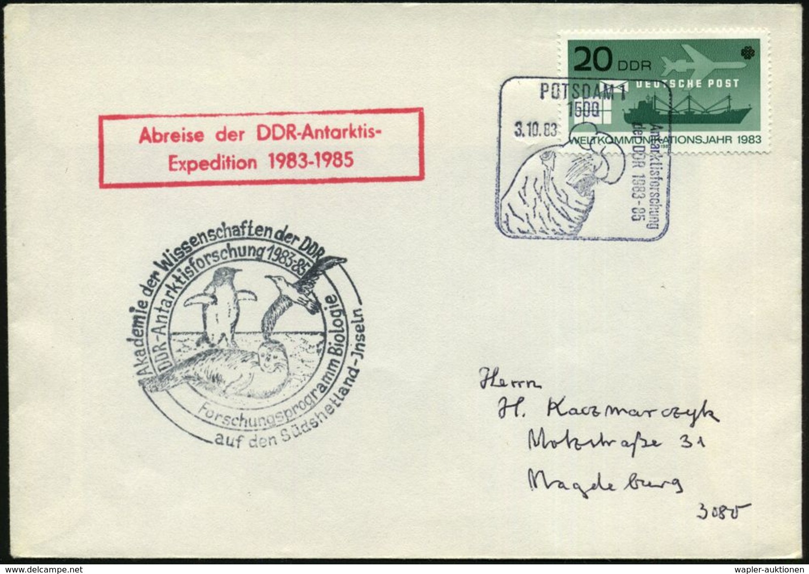 1500 POTSDAM 1/ Antarktisforschung/ Der DDR 1983 (3.10.) SSt = Kopf Eines See-Elefanten + Roter Ra.2: Abreise Der DDR-An - Geografía