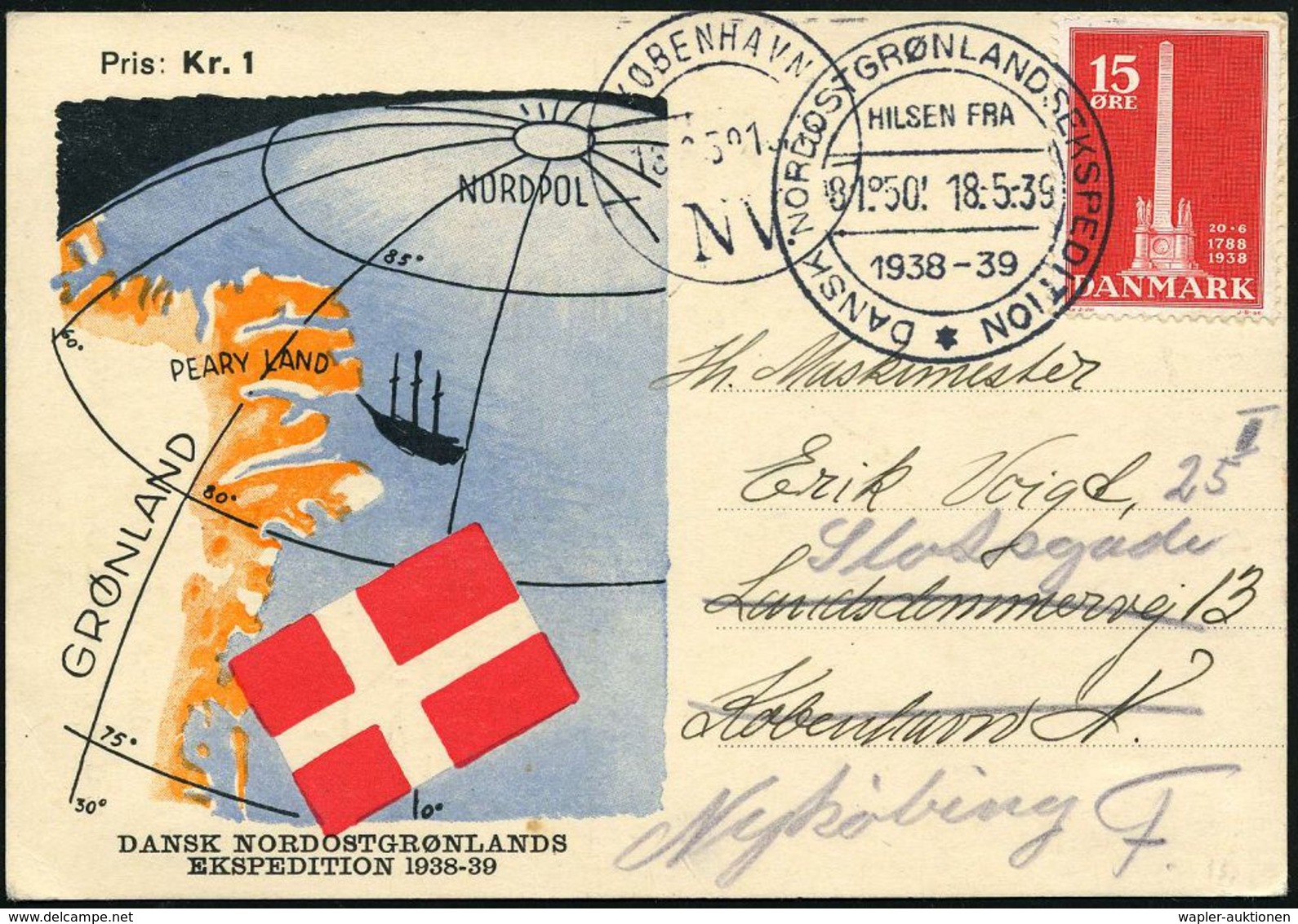 DÄNEMARK 1939 (18.5.) SSt: DANSK NORDOSTGRÖNLANDEKSPEDITION/ HILSEN FRA/1938-39 Auf Color-Expeditions-Sonder-Kt. (Nordpo - Geography