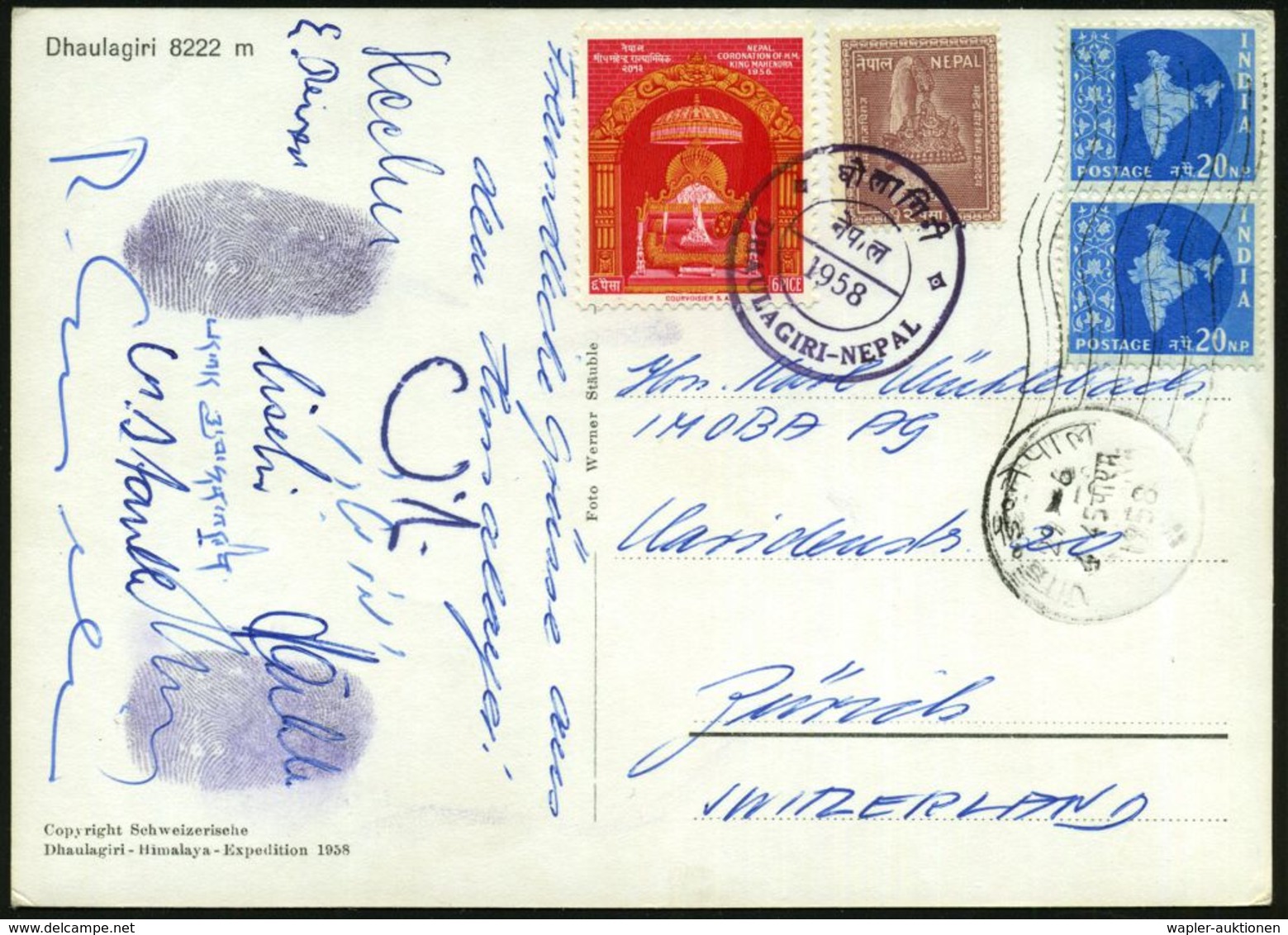 INDIEN /  NEPAL /  SCHWEIZ 1958 (Juni) Schweizer Dhaulagiri-Exped., Expeditions-Sonderkarte, MiF Indien/Nepal , Viol. 2K - Geografia