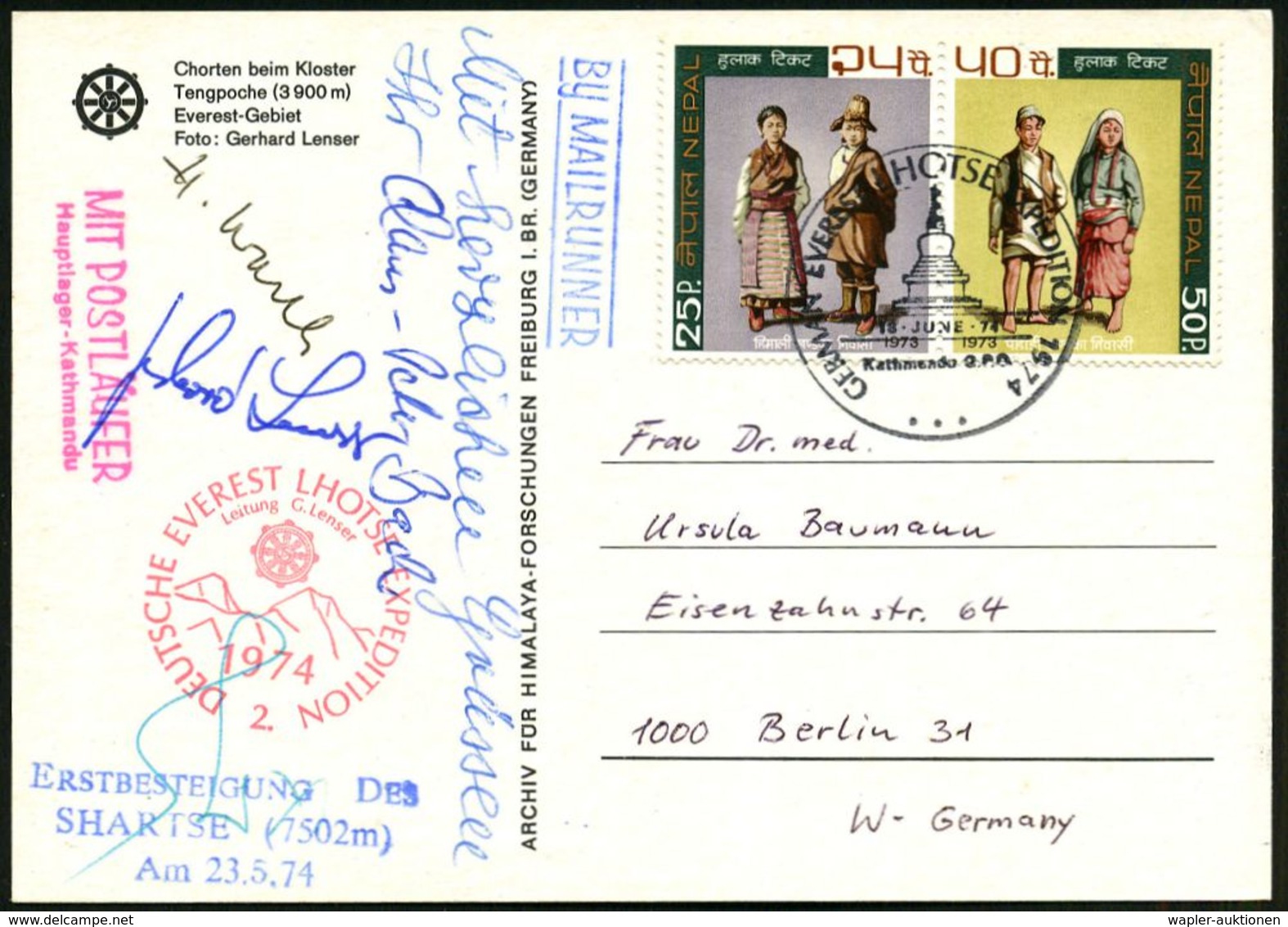 NEPAL /  B.R.D. 1974 (18.6.) SSt.: Kathmandu G.P.O./GERMAN EVEREST LHOTSE EXPEDITION (Chorten) + 4 Orig. Autogramme! + R - Geografía