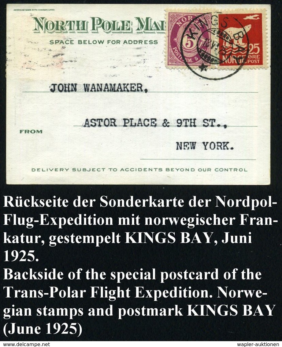 NORWEGEN /  U.S.A. 1925 (Mai/Juni) Expeditions-Karte: "THE TRANS-POLAR FLIGHT EXPEDITION" , US-Frankatur (New York) , Rs - Geografía